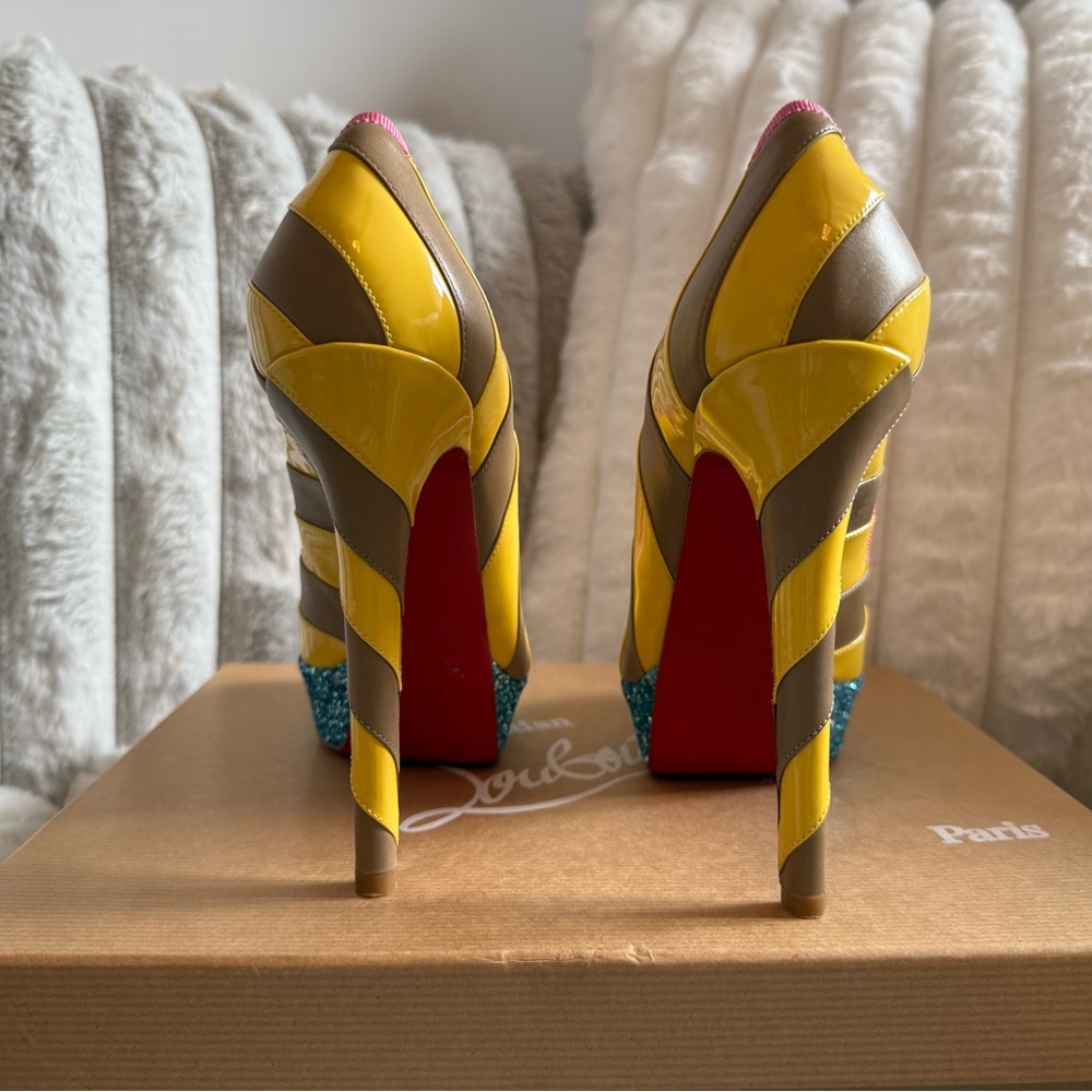 Christian Louboutin Foraine Yellow and Beige Heels with Blue Glitter Platform - Picture 3 of 10